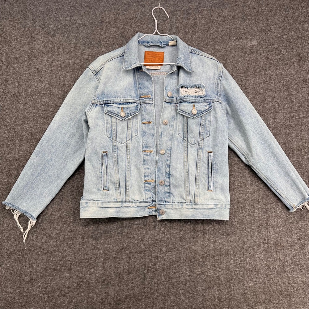 Levi's Premium Distressed Light Wash Denim Trucker Jacket Zipper Cuffs Small - Picture 2 of 12